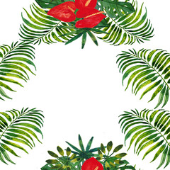 Watercolor composition of palm leaves and red flowers .Illustration for design wedding invitations