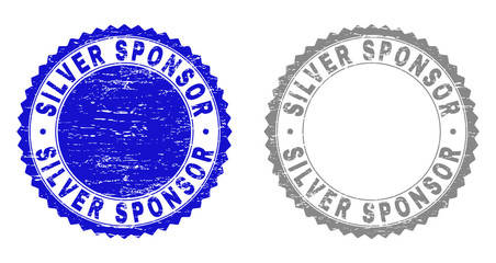 Grunge SILVER SPONSOR stamp seals isolated on a white background. Rosette seals with grunge texture in blue and gray colors. Vector rubber stamp imprint of SILVER SPONSOR text inside round rosette.
