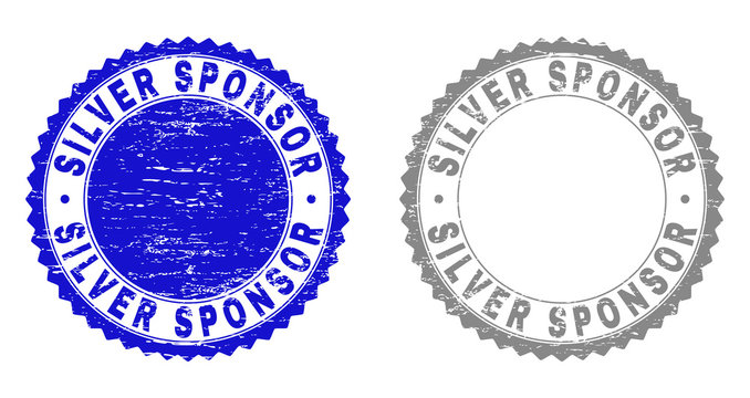 Grunge SILVER SPONSOR stamp seals isolated on a white background. Rosette seals with grunge texture in blue and gray colors. Vector rubber stamp imprint of SILVER SPONSOR text inside round rosette.