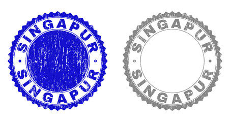 Grunge SINGAPUR stamp seals isolated on a white background. Rosette seals with grunge texture in blue and grey colors. Vector rubber stamp imprint of SINGAPUR tag inside round rosette.