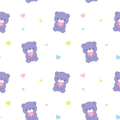 Teddy bear I love you seamless repeat pattern for baby, get well, or any love, in pastel colors purple, pink and yellow, holding a I love you heart, with heart details, wallpaper, background