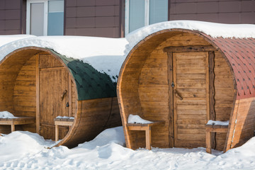 Round bathhouse. Steam manufacture. Bath in Russia. Sauna ready for sale.