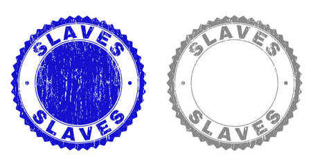 Grunge SLAVES stamp seals isolated on a white background. Rosette seals with distress texture in blue and gray colors. Vector rubber stamp imprint of SLAVES caption inside round rosette.