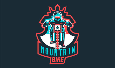 Emblem of a cyclist on a mountain bike. Sport bike logo. Sport bicycle, racer, jump, downhill, mtb, bmx, race, extreme. Vector illustration