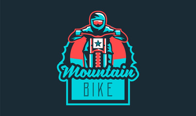 Emblem of a cyclist on a mountain bike. Sport bike logo. Sport bicycle, racer, jump, downhill, mtb, bmx, race, extreme. Vector illustration