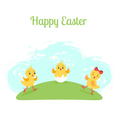 Three cartoon funny chicken on green meadow. Happy Easter greeting card template. Background, poster, banner.