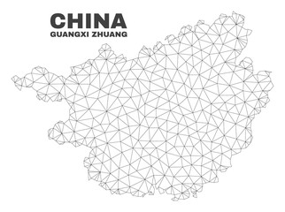 Abstract Guangxi Zhuang Region map isolated on a white background. Triangular mesh model in black color of Guangxi Zhuang Region map. Polygonal geographic scheme designed for political illustrations.