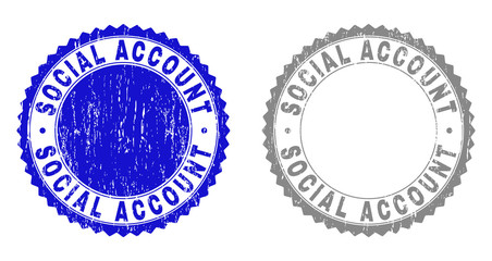 Grunge SOCIAL ACCOUNT stamp seals isolated on a white background. Rosette seals with grunge texture in blue and gray colors. Vector rubber stamp imitation of SOCIAL ACCOUNT label inside round rosette.