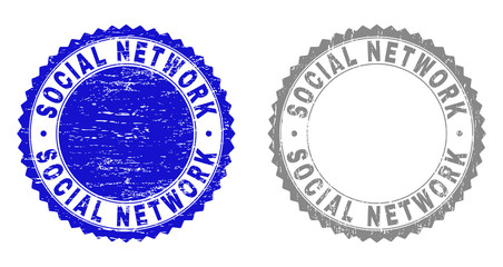 Grunge SOCIAL NETWORK watermarks isolated on a white background. Rosette seals with grunge texture in blue and grey colors. Vector rubber stamp imprint of SOCIAL NETWORK label inside round rosette.