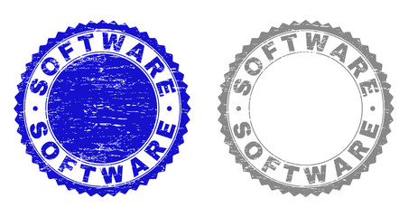 Grunge SOFTWARE stamp seals isolated on a white background. Rosette seals with distress texture in blue and gray colors. Vector rubber stamp imprint of SOFTWARE label inside round rosette.