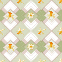 Checkered seamless pattern of gentle pastel shades with narcissus flowers. Elegant background for your design in soft colors with floral elements.
