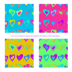Set of 4 funny neon seamless patterns with hearts