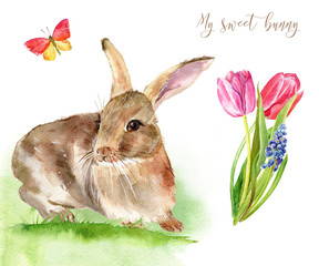 My sweet bunny. Watercolor spring rabbit illustration. Rabbit and flowers and butterflies. For your unique design, cards, posters, invitations, books, fabrics and other