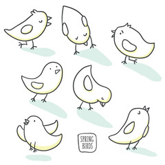 Collection of cute hand drawn bird doodles.