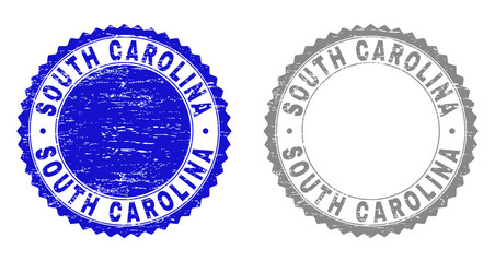 Grunge SOUTH CAROLINA stamp seals isolated on a white background. Rosette seals with grunge texture in blue and grey colors. Vector rubber stamp imitation of SOUTH CAROLINA tag inside round rosette.