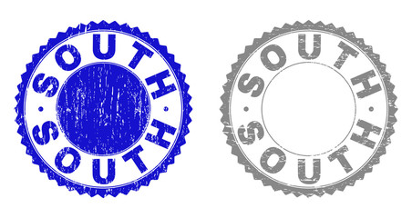 Grunge SOUTH stamp seals isolated on a white background. Rosette seals with grunge texture in blue and gray colors. Vector rubber watermark of SOUTH caption inside round rosette.