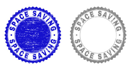 Grunge SPACE SAVING stamp seals isolated on a white background. Rosette seals with grunge texture in blue and gray colors. Vector rubber stamp imitation of SPACE SAVING tag inside round rosette.