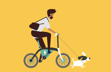 Cartoon picture with man riding fast modern electric bicycle. Enjoying futuristic bike ride and he's walking the dog. Flat style vector illustration.  Yellow Background.