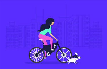 Cartoon picture with girl, woman riding fast modern electric bicycle. Enjoying futuristic bike ride and she's walking the dog. Flat style vector illustration.  Blue Background.