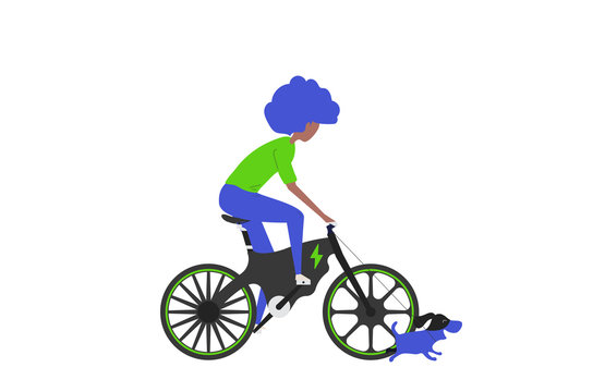 Cartoon picture with black woman riding fast modern electric bicycle and enjoying futuristic bike ride and he's walking the dog. Flat style vector illustration. White Background.