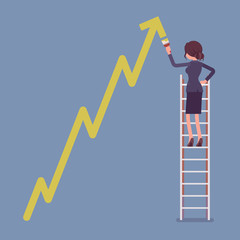 Businesswoman on ladder drawing positive dynamics climbing arrow. Successful female manager showing sale progress, optimistic right direction, business profit growth presentation. Vector illustration