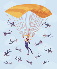 Golden parachute benefit for businessman. High level executive manager in dismissal receives large safe payment from company, employees falling down fired without protection, help. Vector illustration