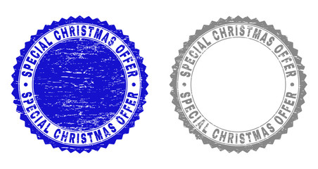 Grunge SPECIAL CHRISTMAS OFFER stamp seals isolated on a white background. Rosette seals with grunge texture in blue and gray colors.