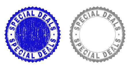 Grunge SPECIAL DEALS stamp seals isolated on a white background. Rosette seals with grunge texture in blue and grey colors. Vector rubber stamp imitation of SPECIAL DEALS caption inside round rosette.
