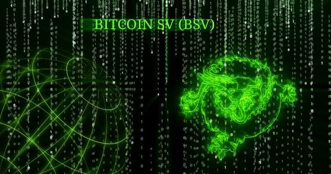 Glowing Bitcoin SV (BSV) symbol against the falling binary code symbols