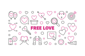 Free Love vector concept horizontal illustration or banner in thin line style on white background