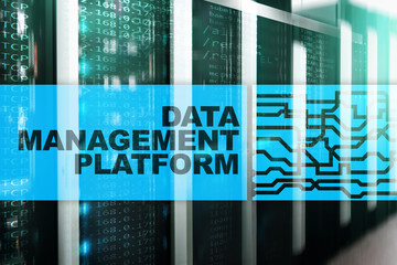 Data management and analysis platform concept on server room background