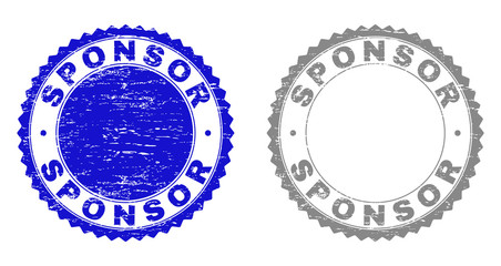 Grunge SPONSOR stamp seals isolated on a white background. Rosette seals with grunge texture in blue and gray colors. Vector rubber stamp imitation of SPONSOR label inside round rosette.