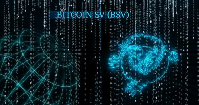 Glowing Bitcoin SV (BSV) symbol against falling binary code symbols