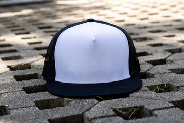 Black white mesh cap font view in outdoor