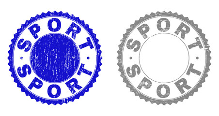 Grunge SPORT stamp seals isolated on a white background. Rosette seals with grunge texture in blue and gray colors. Vector rubber stamp imprint of SPORT label inside round rosette.