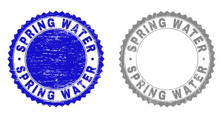 Grunge SPRING WATER stamp seals isolated on a white background. Rosette seals with grunge texture in blue and grey colors. Vector rubber watermark of SPRING WATER caption inside round rosette.