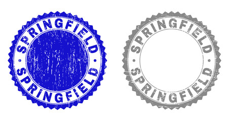 Grunge SPRINGFIELD stamp seals isolated on a white background. Rosette seals with grunge texture in blue and grey colors. Vector rubber stamp imprint of SPRINGFIELD caption inside round rosette.
