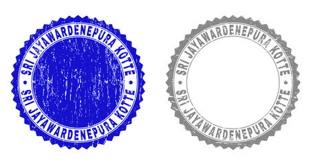 Grunge SRI JAYAWARDENEPURA KOTTE stamp seals isolated on a white background. Rosette seals with grunge texture in blue and grey colors.
