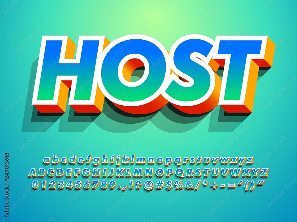 Poster extrude font alphabet text effect with shadow and gradient color, full complete character uppercase,