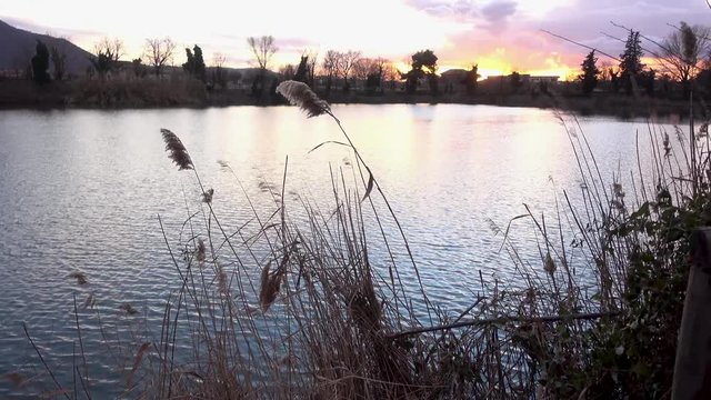 Telese Italy, Pan Right at Lake on Sunset