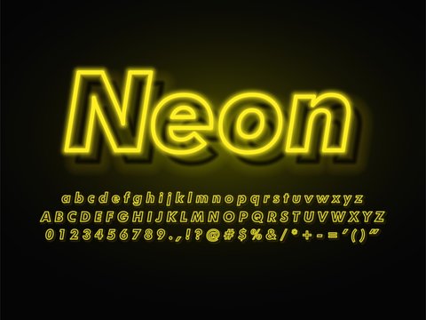 yellow outline neon font, glowing alphabet with shadow with full character, game movie character logo type design compatible with illustrator 10 