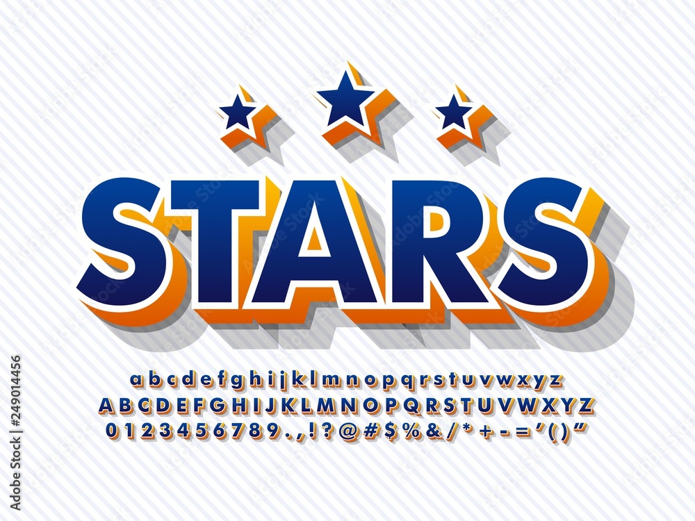 Poster 3d baseball alphabet font typeface with stars and shadow full character uppercase number symbol comp