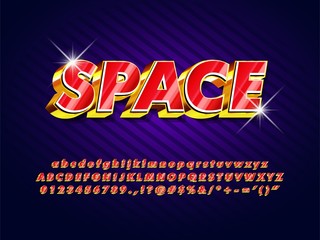 retro futuristic game title logo type, shine red 3d extrude gold effect with shiny light and cool dark purple background, font typeface compatible with illustrator 10 