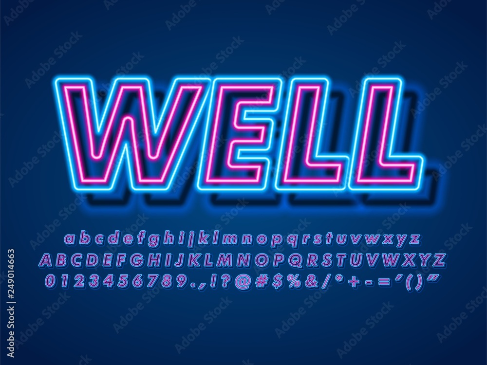 Poster modern neon alphabet. glowing bright 3d double pop neon text effect with blur shadow. complete symbo
