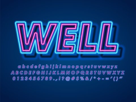 modern neon alphabet. glowing bright 3d double pop neon text effect with blur shadow. complete symbol letter number compatible with illustrator 10 