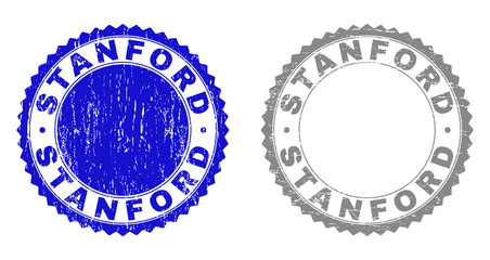 Grunge STANFORD stamp seals isolated on a white background. Rosette seals with grunge texture in blue and gray colors. Vector rubber stamp imitation of STANFORD tag inside round rosette.