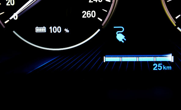 Close up of Car dashboard with display battery charging full power in electric car, EV car