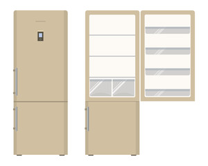 Beige fridge. An empty refrigerator with an open door, no food. Food and drink storage equipment. Vector illustration on a white background