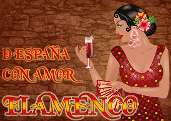 Flamenco.Translation is From Spain with Love. Elegant spanish girl with wineglass and fan. Festival card. vector illustration