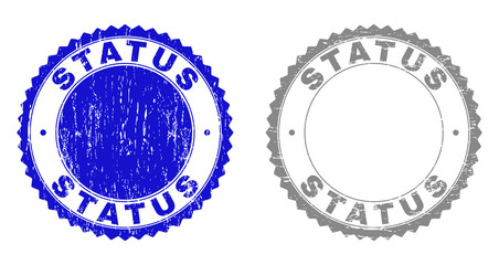 Grunge STATUS stamp seals isolated on a white background. Rosette seals with grunge texture in blue and gray colors. Vector rubber stamp imitation of STATUS tag inside round rosette.